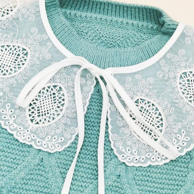 Women Scalloped Trim False Collar Shawl Embroidery Leaves Floral Bow Scarf Cape