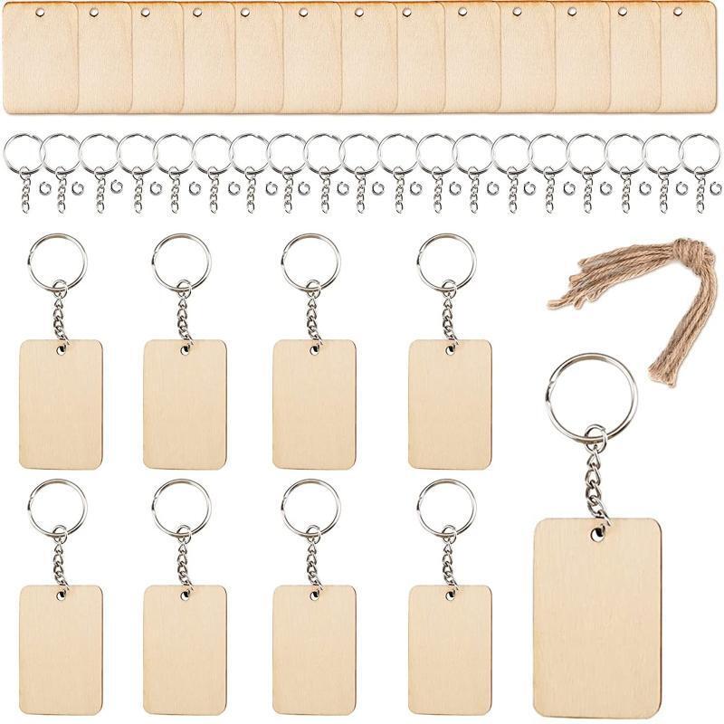 Blank Rectangle Shaped Wooden Keychain Set of 120 Unfinished Wood Chip Key Rings