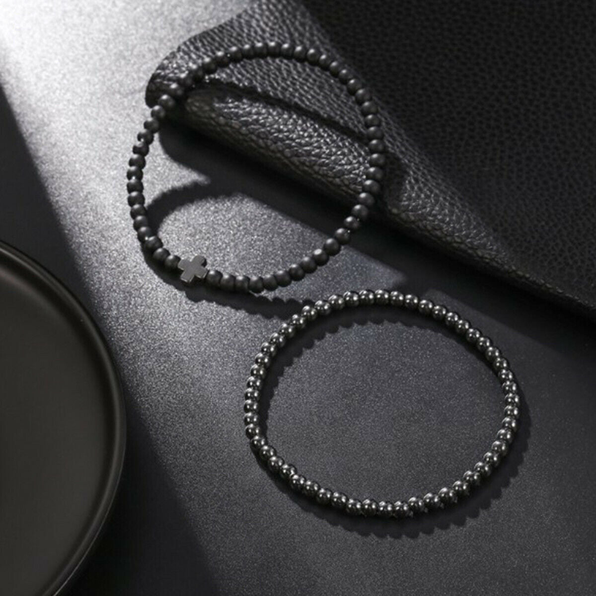 2pcs/set Cross Cooper Bead Bracelet Men Matte Lava Volcanic Stone Jewelry Gift