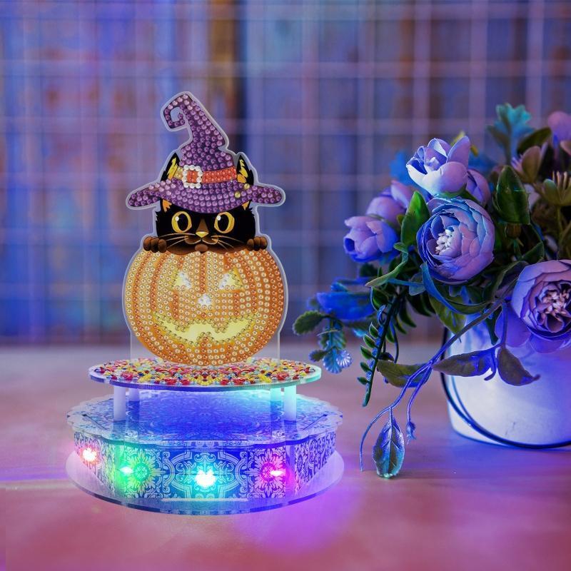 Pumpkin Cat with Witch Hat DIY Diamond Painting Music Box with LED Light Crafts