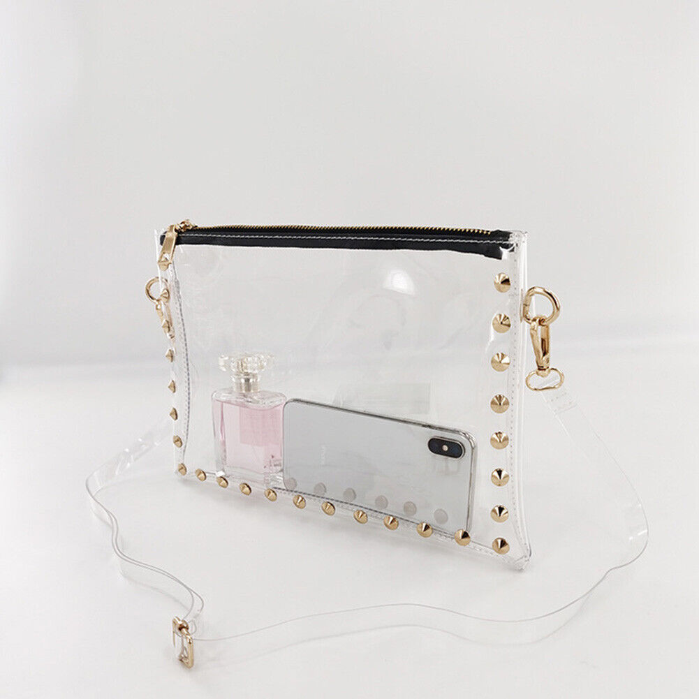 Women PVC Clear Shoulder Bag Lady Rivet Zipper Stadium Approved Handbag