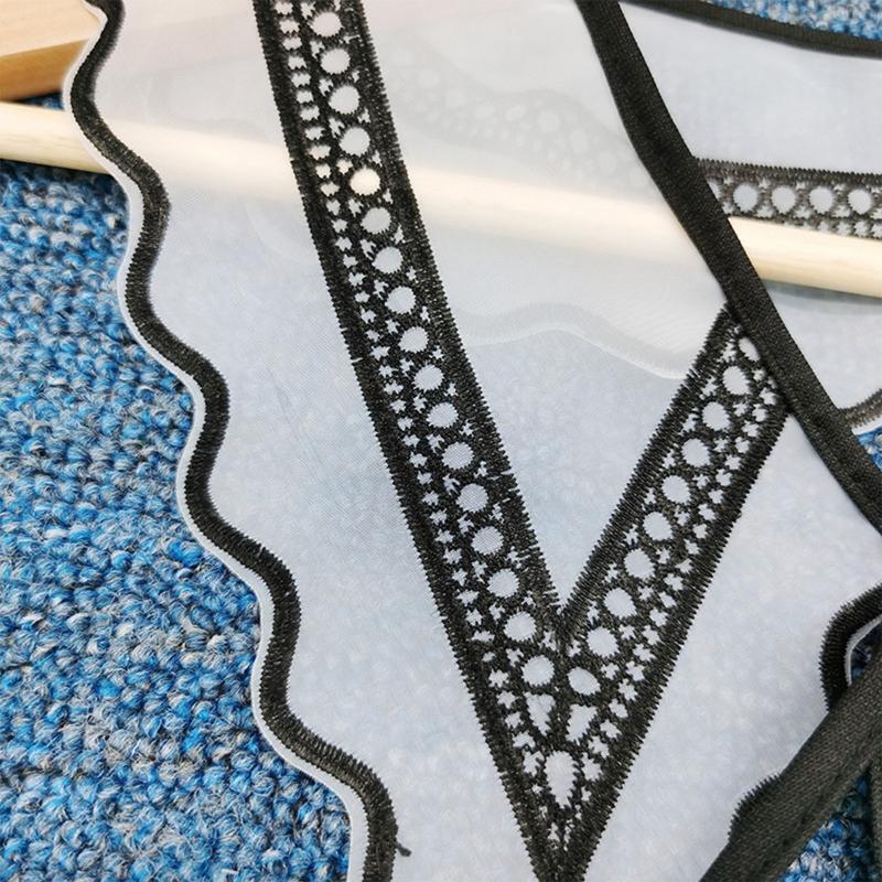 Women Black White Organza Faux Collar Shawl Embroidery Geometric Wavy Scarf Cape