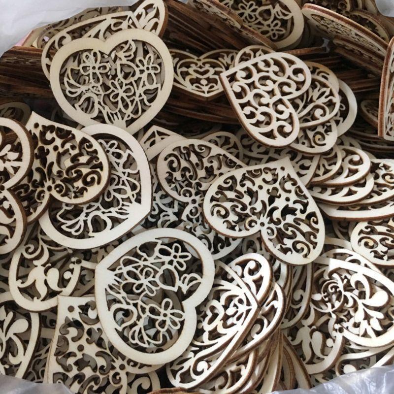 50pcs Carving Hollow Heart Flower Wooden Painting Scrapbooking Craft Handmade