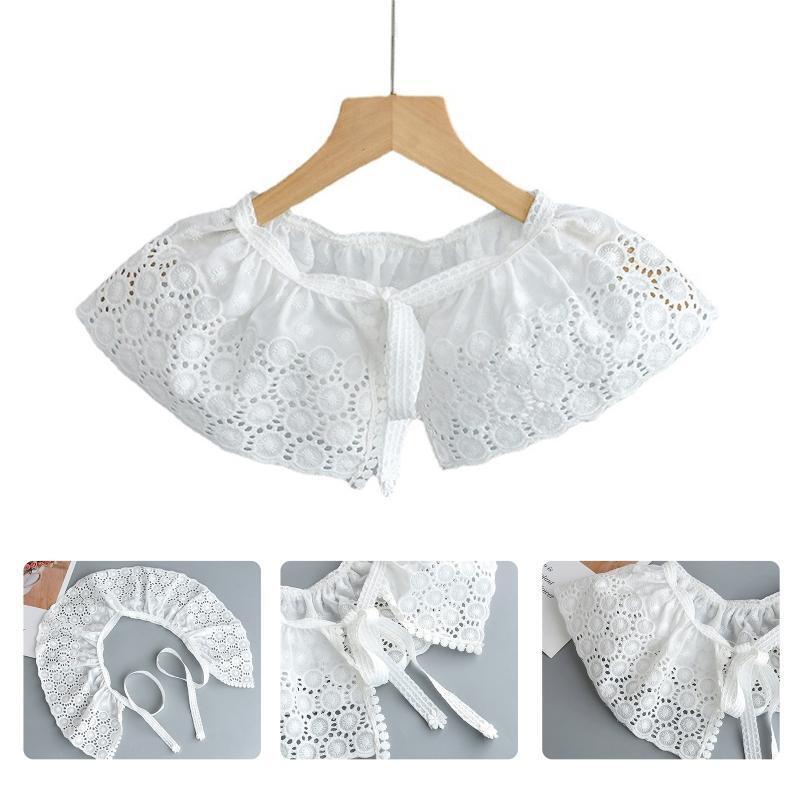 Women Spring Embroidery Threads Faux Collar Pleated Shawl Circle Flower Capelet