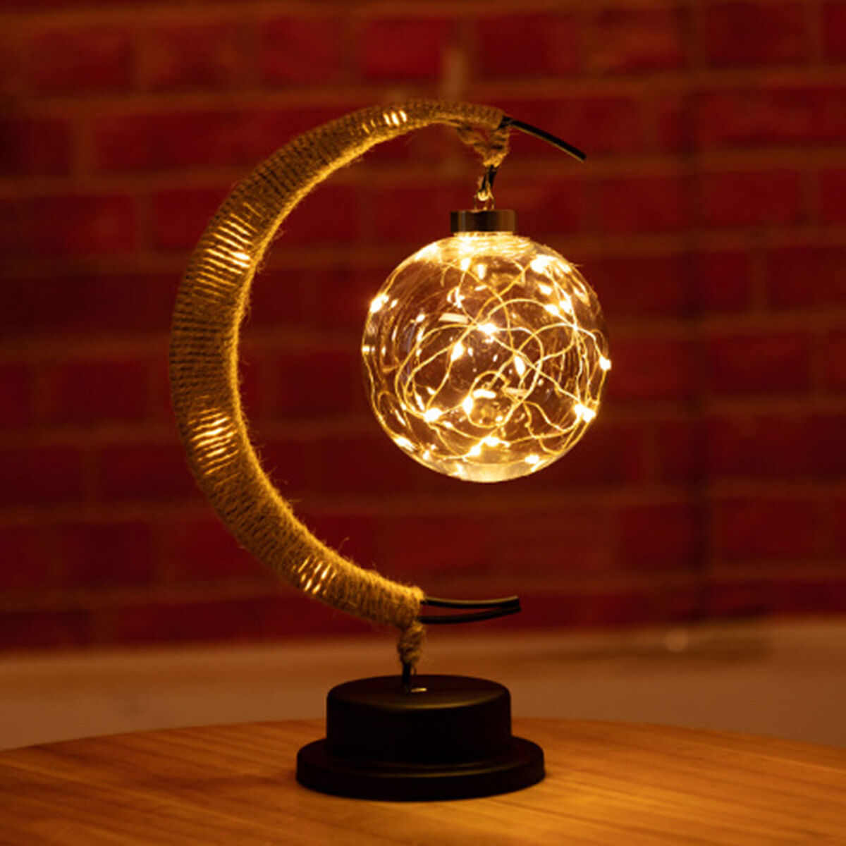 LED Moon Sepak Takraw Lamp Handmade Hemp Rope Wrought Iron Night Light Home