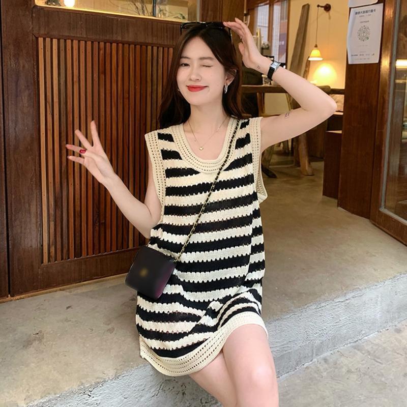 Women Hollow Out Knit Sleeveless Striped Beach Holiday Loose Mini Sweater Dress