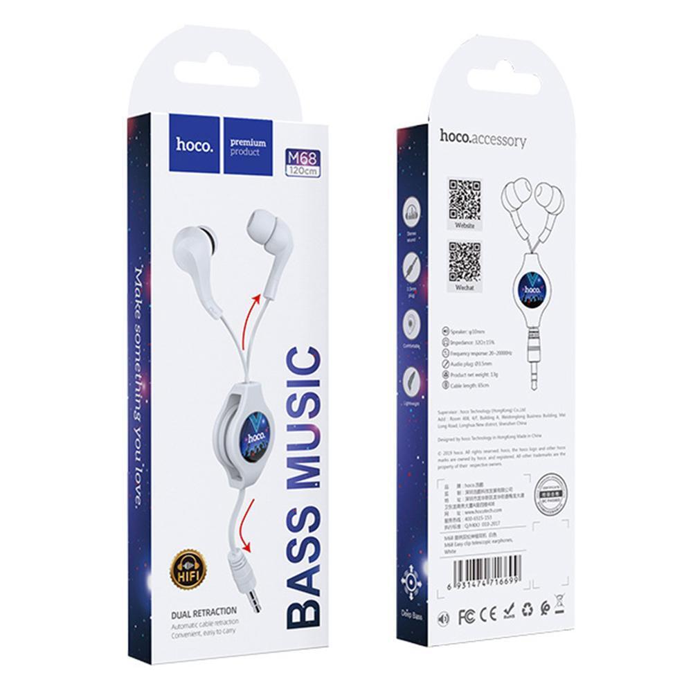HOCO M68 Retractable Wired Earbuds 3.5mm In Ear Earphones NO Mic (White)