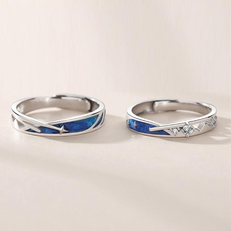 2Pcs Sea Blue Meteoric Star Lover Couple Rings Band Matching Set for Him and Her