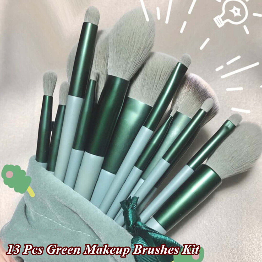 13 x Green Makeup Brushes Kit Eye/Shadow/Foundation/Blush Blending Cosmetic Tool