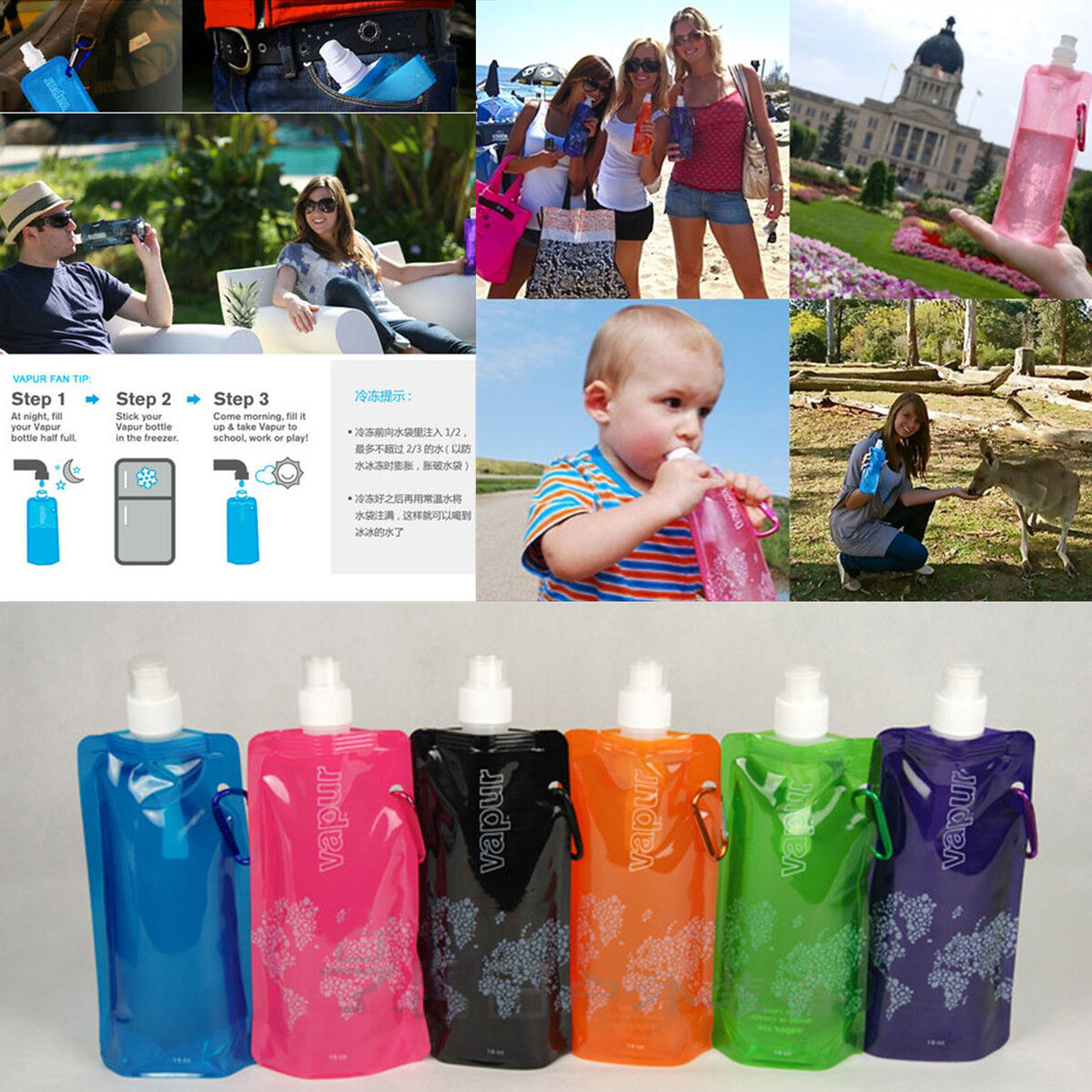 480ml Flexible Collapsible Foldable Reusable Water Bottles Ice Bag Outdoor Sport