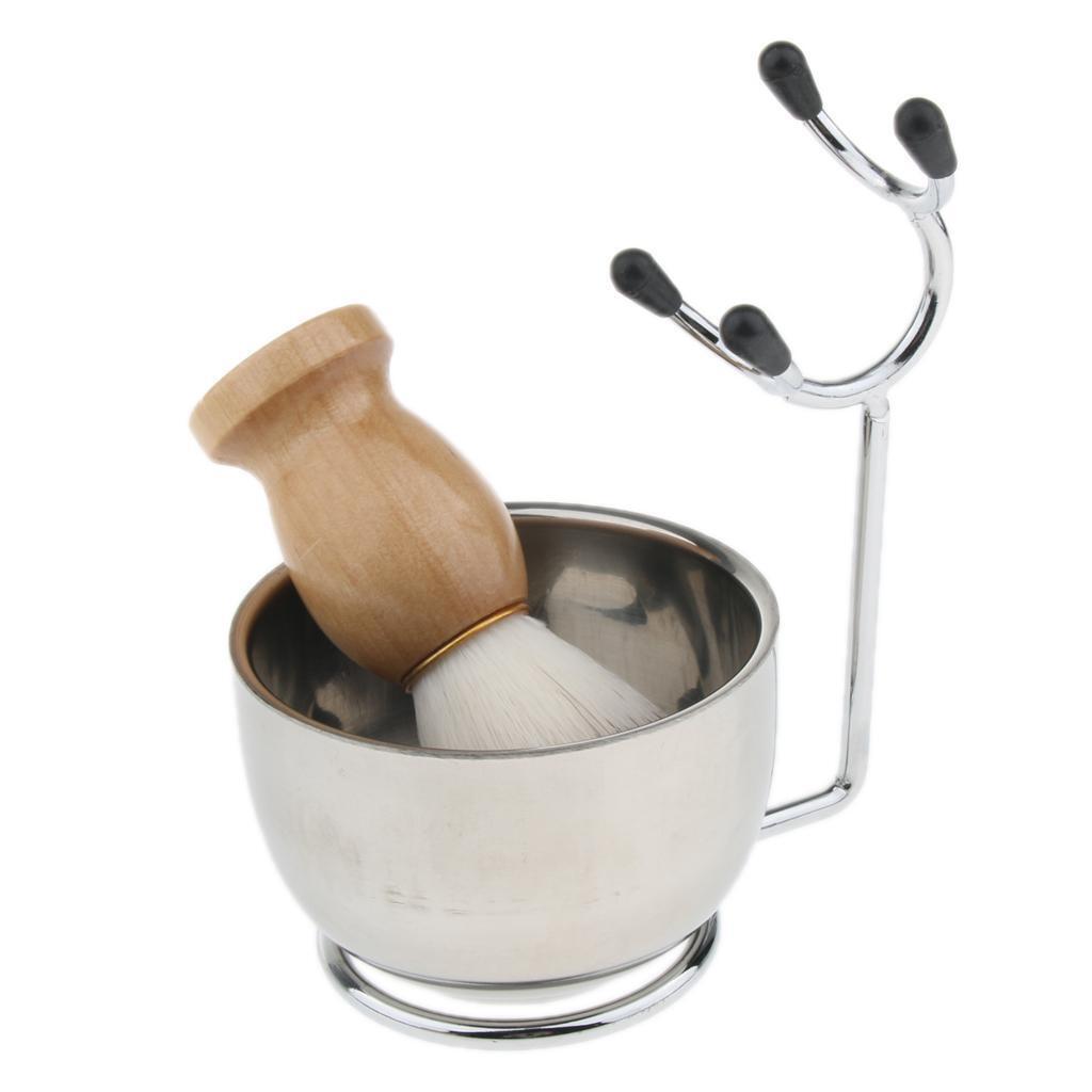Men's Beard Shaving Brush + Stainless Holder Stand +   Mug Bowl Set