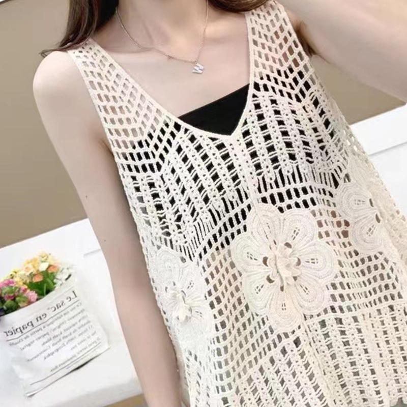 Women Crochet Sleeveless Tank Top V-Neck Hollow Knit Floral Beach Sweater Vest