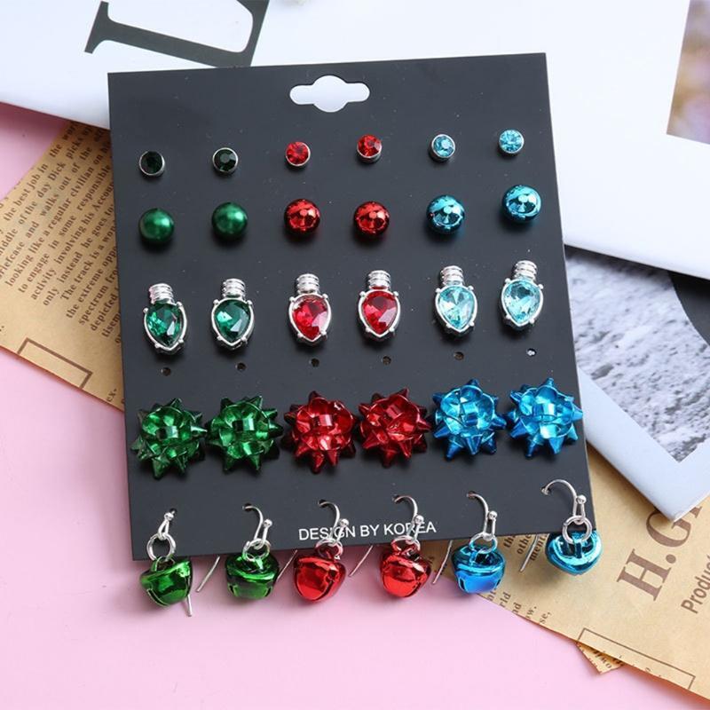15 Pairs Cartoon Christmas Stud Earrings Women Personality Drop Dangle Ear Studs