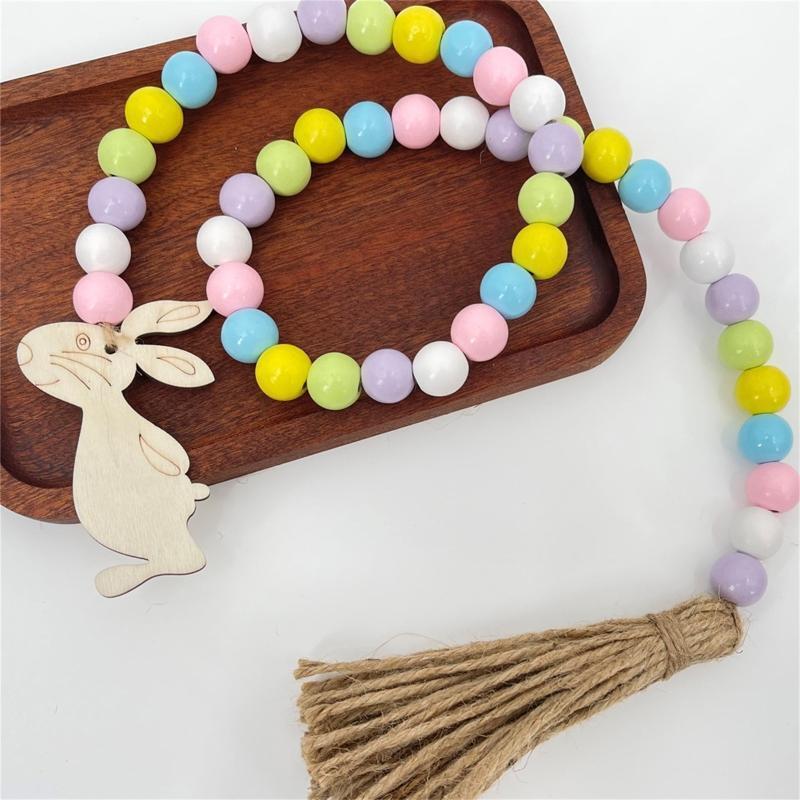 Easter Tassel Wood Bead Garland with Bunny Tag Beads String Pendant Hanging