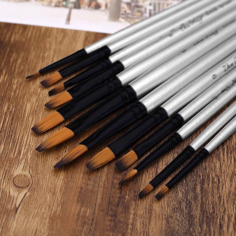 12pcs/set Watercolor Gouache Paint Brushes Wooden Handle Nylon Hair Painting