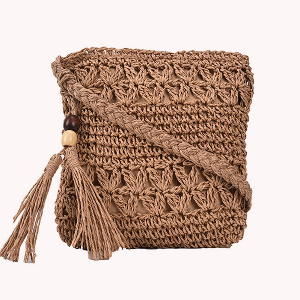Woven Straw Crossbody Bag Small Women Boho Summer Handbag (Square Khaki)