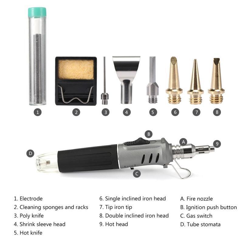 10 in 1 Butane Gas Soldering Iron Portable Cordless Welding Torch Kit Electronic