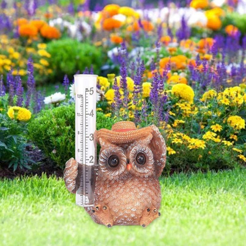 Owl Rain Gauge Outdoor Garden Decor Decorative Sculpture Statue for Yard Patio