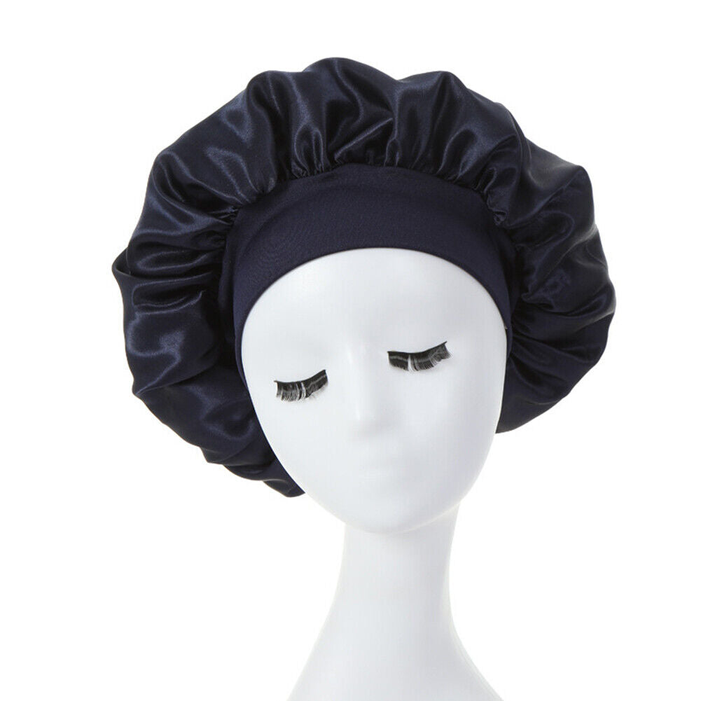 Women Night Sleep Hair Cap Satin Adjustable Curly Hair Styling Hat (Black)