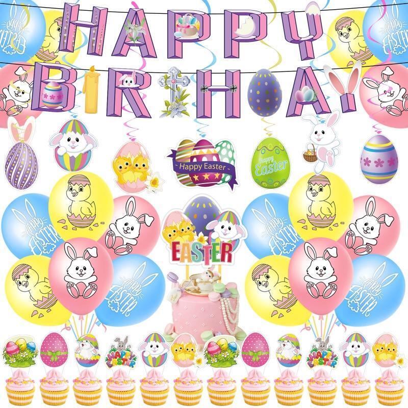 Happy Easter Banner Swirl Bunny Egg Chicken Balloon Set Party Supplies