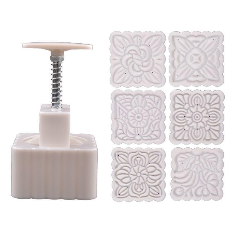 250g Mooncake Mold with 6pcs Square Flower Stamps Hand Press Moon Cake Pastry