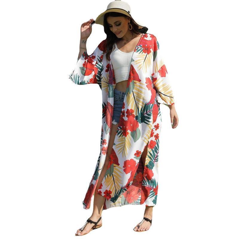 Women 3/4 Sleeve Long Kimono Cardigan Floral Leaves Print Beach Split Cover Up