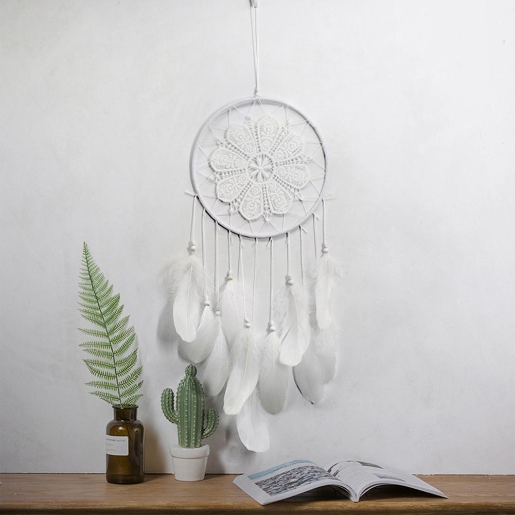 Handmade Feathers Beads Crochet Dream Catcher Wall Art Hang Decor (White)
