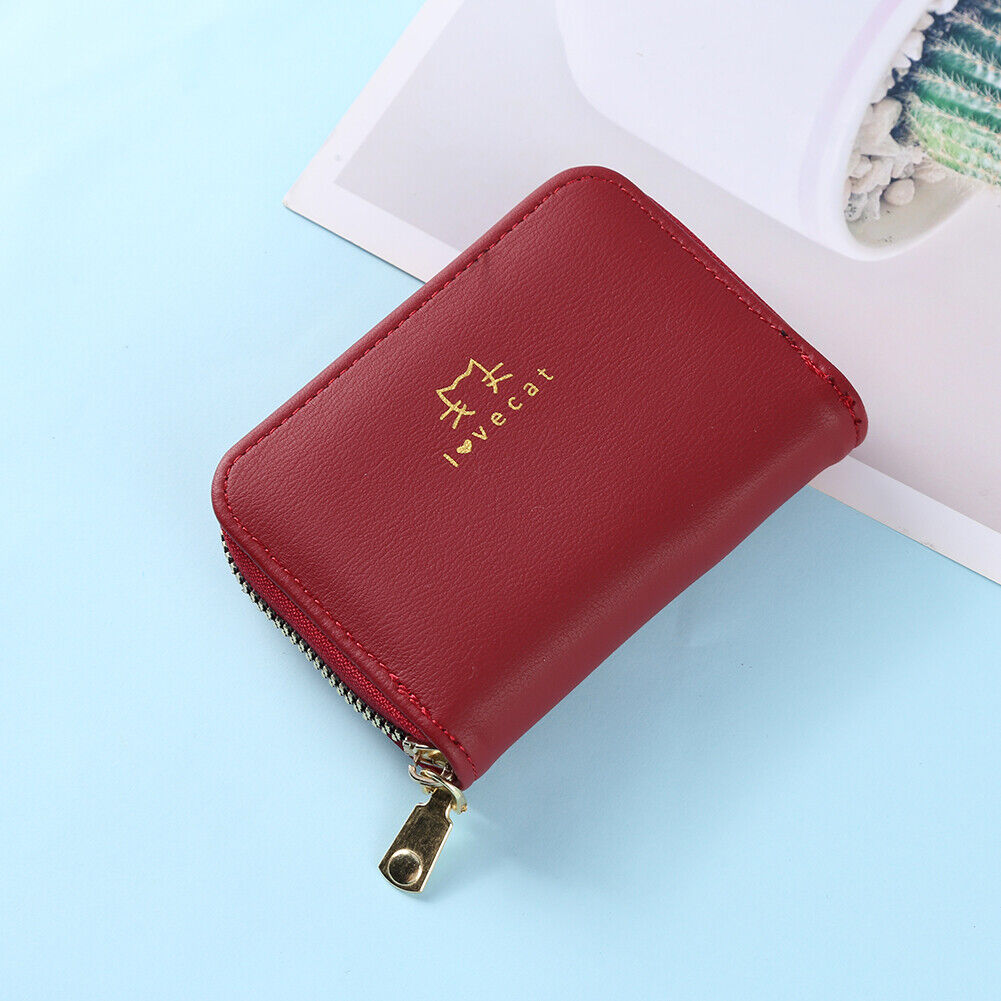 Women Card Holder Cat PU Leather Clutch Wallet Zipper Purse (Wine Red)