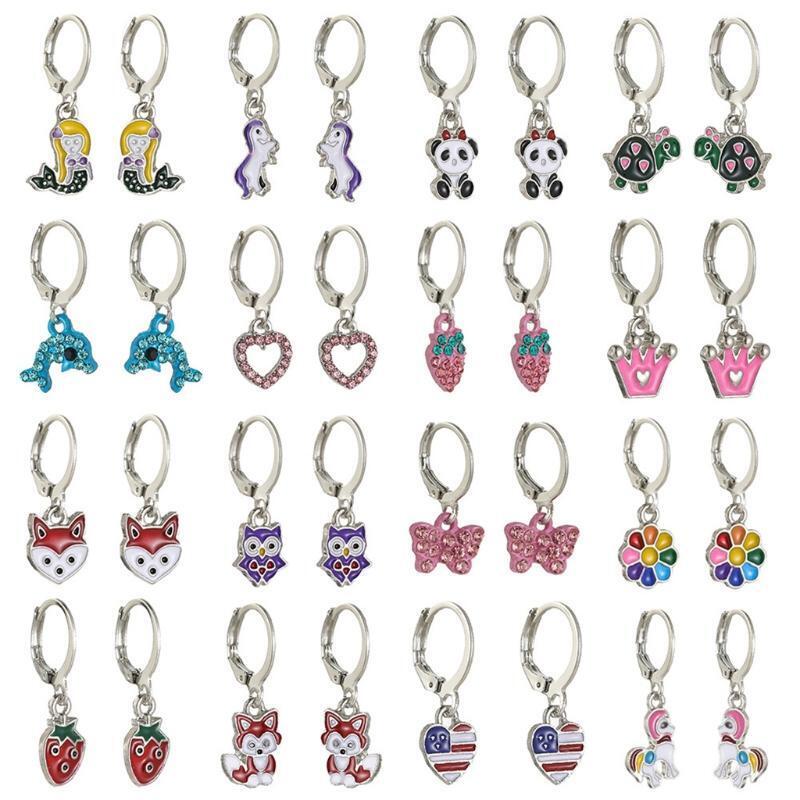 16 Pairs Mixed Cute Animals Earrings Panda Heart Dolphin Owl Hoop Drop Earrings