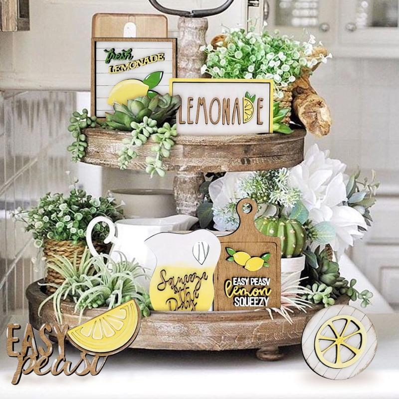 Wood Lemon Style Tiered Tray Decor 7pcs/set Mini Rustic Farmhouse Decoration
