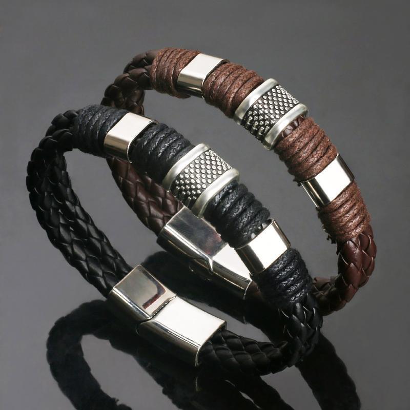 Magnetic Masculinity Leather Bracelets 2Pcs Men Charm Wristband Bracelet