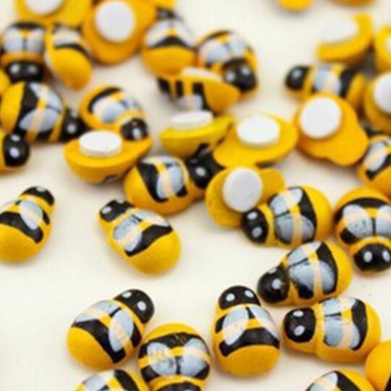 100 Pcs Tiny Wooden Bee Embellishments Self-Adhesive Painted Flatback Bumble Bee