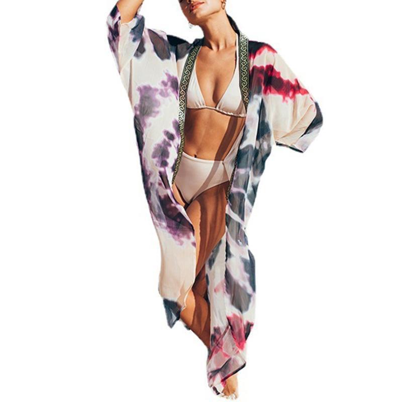 Female Tie Dye Swimsuit Cover Ups Bikini Beachwear Chiffon Cardigan