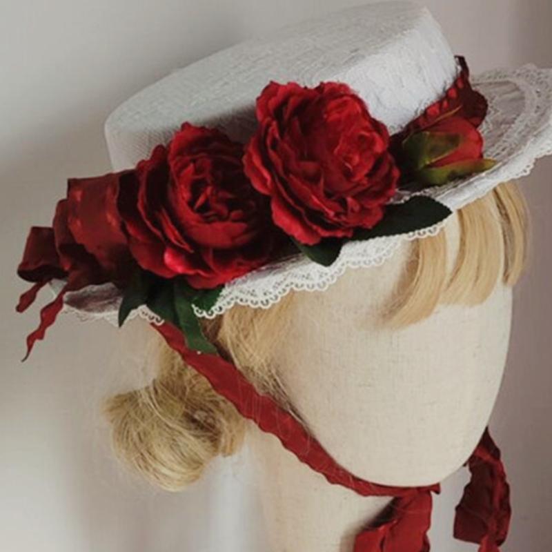 Sweet Lolita Lace-up Flat Top Hat Japanese Girl Flower Tophat for Wedding Church