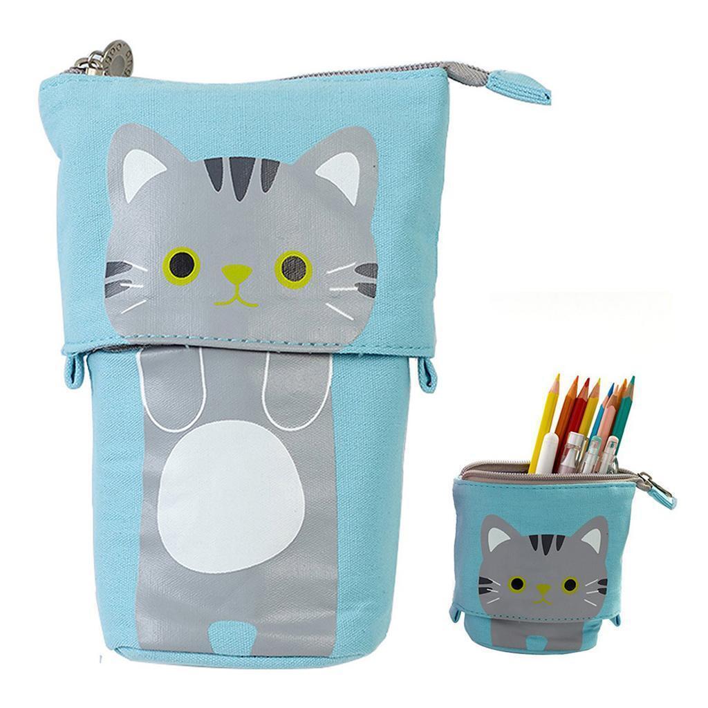 2Pcs Canvas Cat Pencil Case Pen Bag with Zipper Brush Pouch for Girls Home