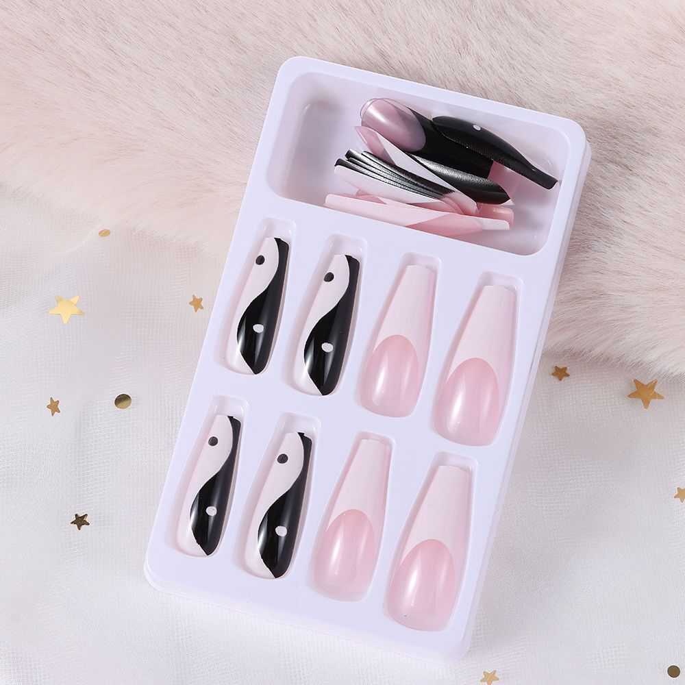 False Nail Tips White and Black Mixed Colors with Taichi Design Long Coffin