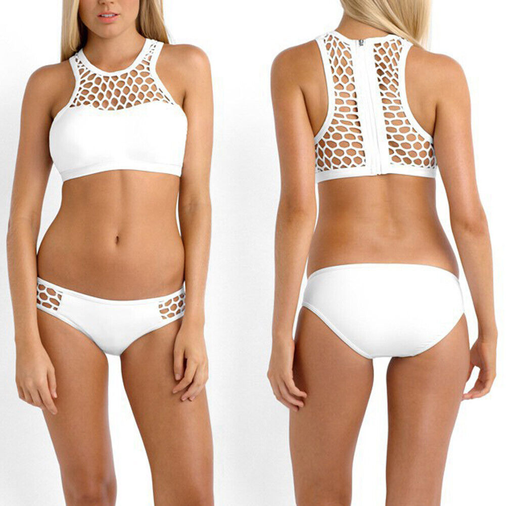 Women Bandage Push up Padded Swimsuit Bathing Beachwear (White)(M)