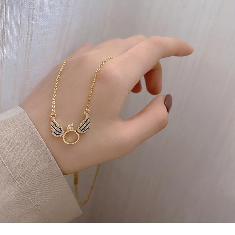 Tiny Angel Wing Necklace Round Crown Wing Pendant Chain Necklace Choker