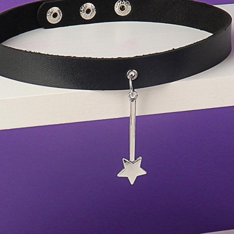 Adjustable Leather Choker Collar Soft Star Shaped Pendant Punk Choker Necklace