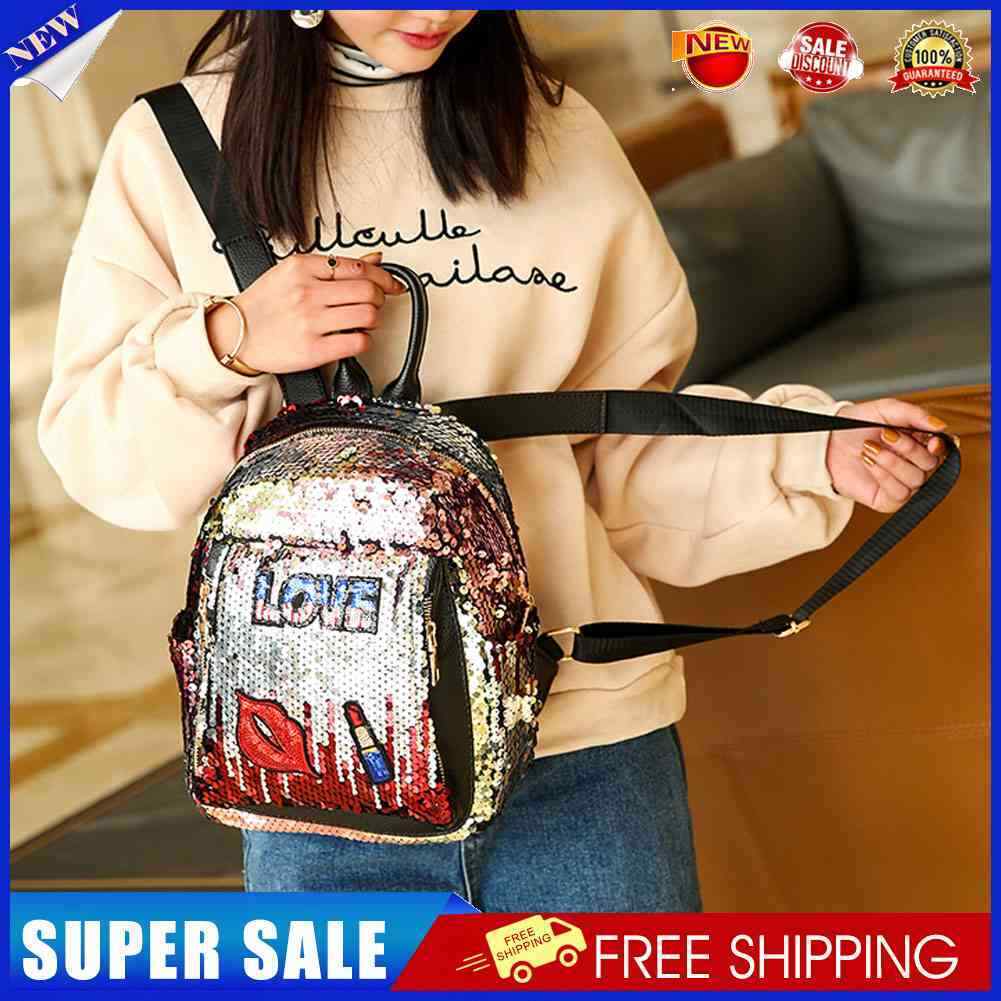 Sequins Backpack Women Girls Casual Preppy Style Lips Shoulder Bag(Red)-192