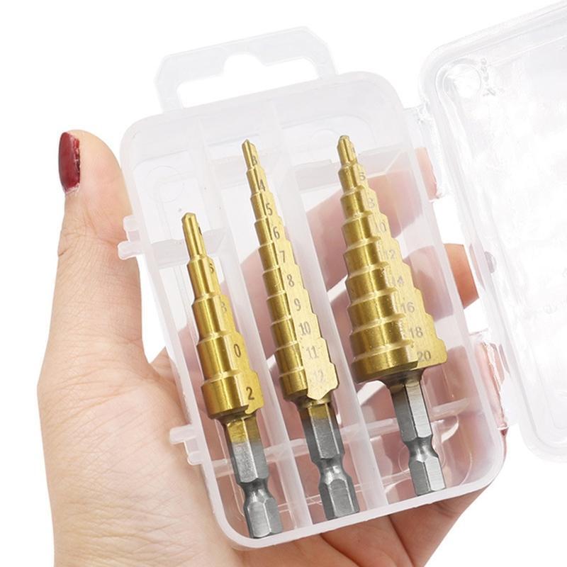 3 Pcs HSS Titanium Coated Step Drill Bit Set for Home DIY Power Drills Durable