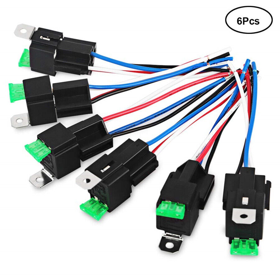 Car Relay Switch Harness Waterproof 6x 4Pin 12V 14AWG Wires 30AMP Fuse Holder
