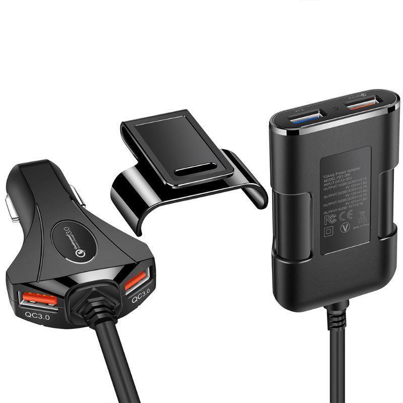 QC3.0 4 Ports USB Car Charger For Front Back Seat With Extension Cable For Phone