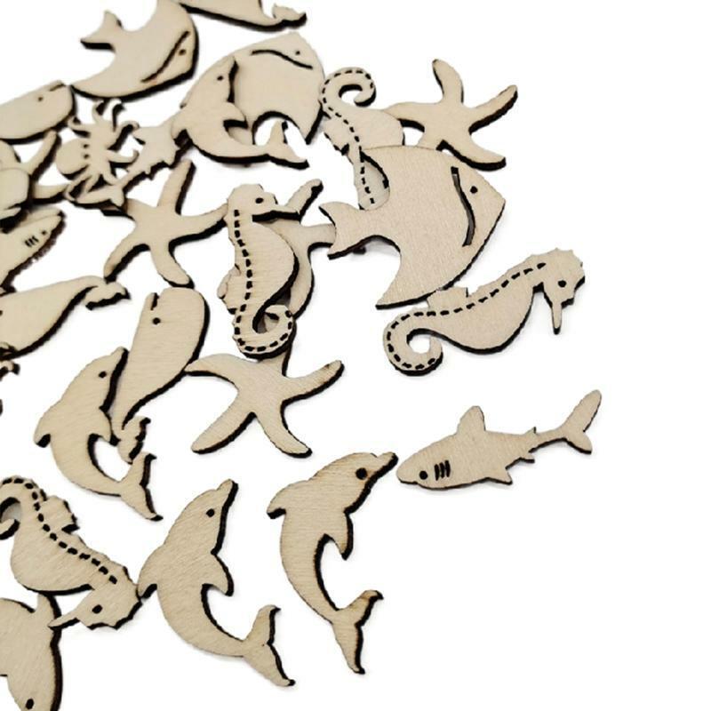 50 Pcs/Set Ocean Sea Animals Craft Cutouts Unfinished Natural Wooden Slices Kit
