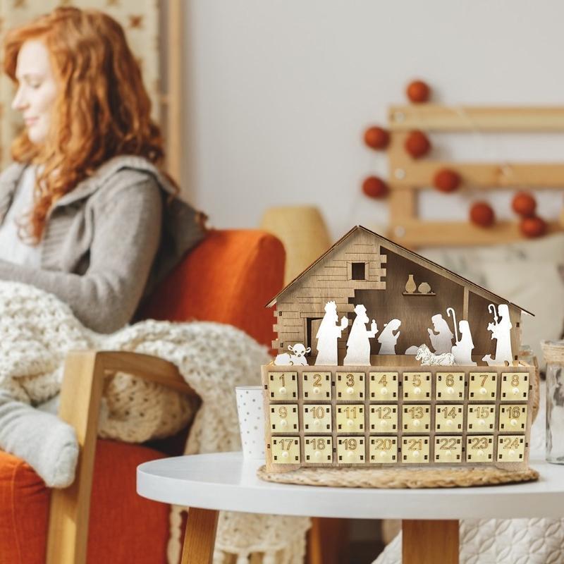 Christmas Advent Calendar Wooden Jesus Decoration LED Battery Operated Holiday