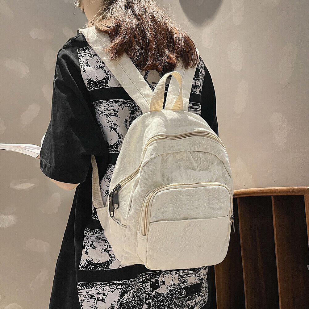 Fashion Women Solid Color Backpack Students Canvas School Knapsacks (White)