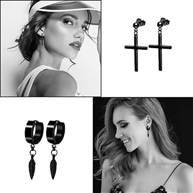 12Set Black Cross Dangle Earrings for Men Stainless Steel Piercing Hoop Earrings