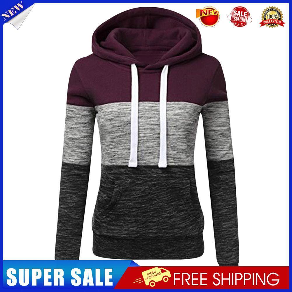 Stitching Women Long Sleeve Hit Color Autumn Leisure Hoodies (Red XL)
