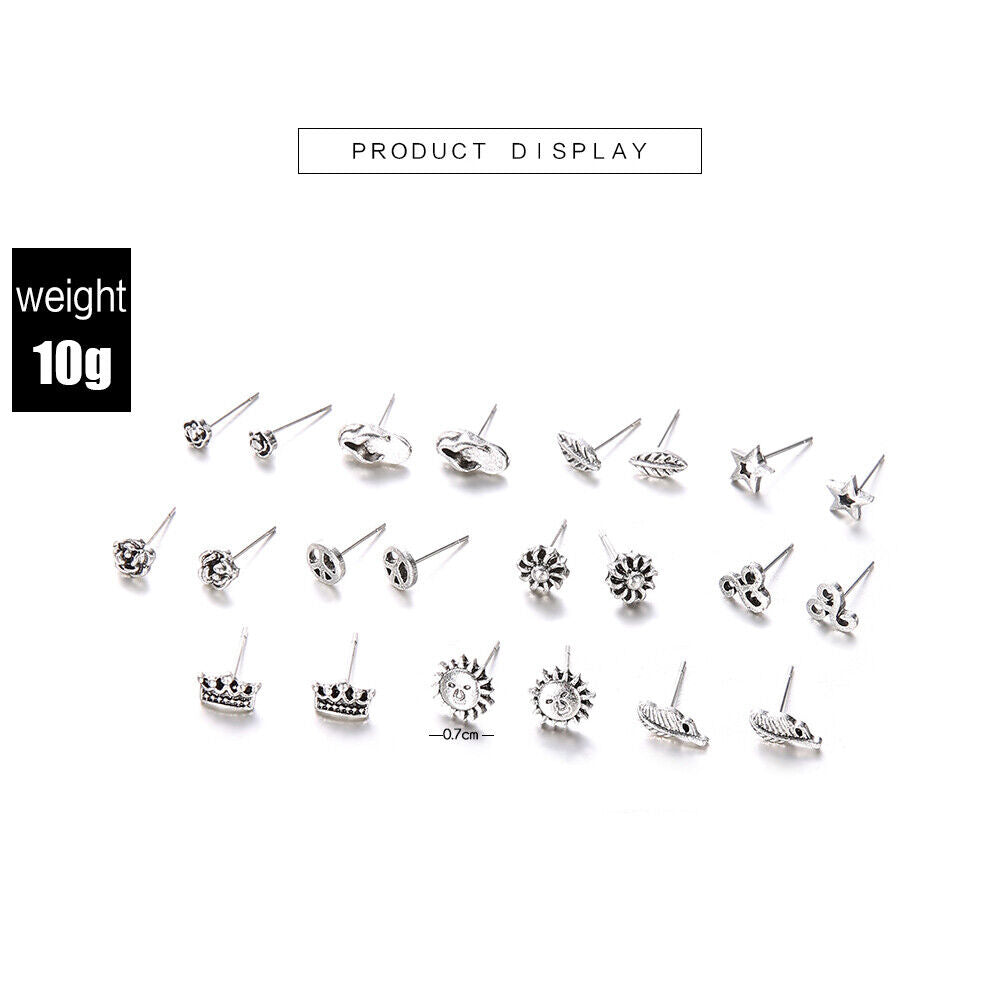 Women Peace Sign Ear Studs Earring Set Stars Flip-Flops Flowers Leaves Crown