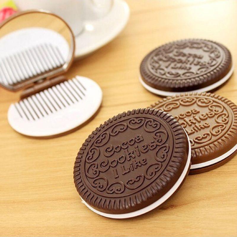 Women Girls Chocolate Cookie Mini Pocket Mirror With Comb Princess Portable